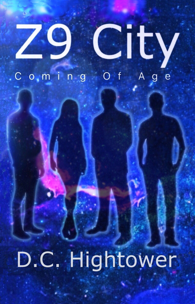 Z9 City book cover - Shadow figures of three males and one female in foreground against  the nebula of space behind